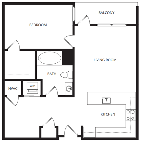 Floor plan for 1 bed, 1 bath, 747 sqft